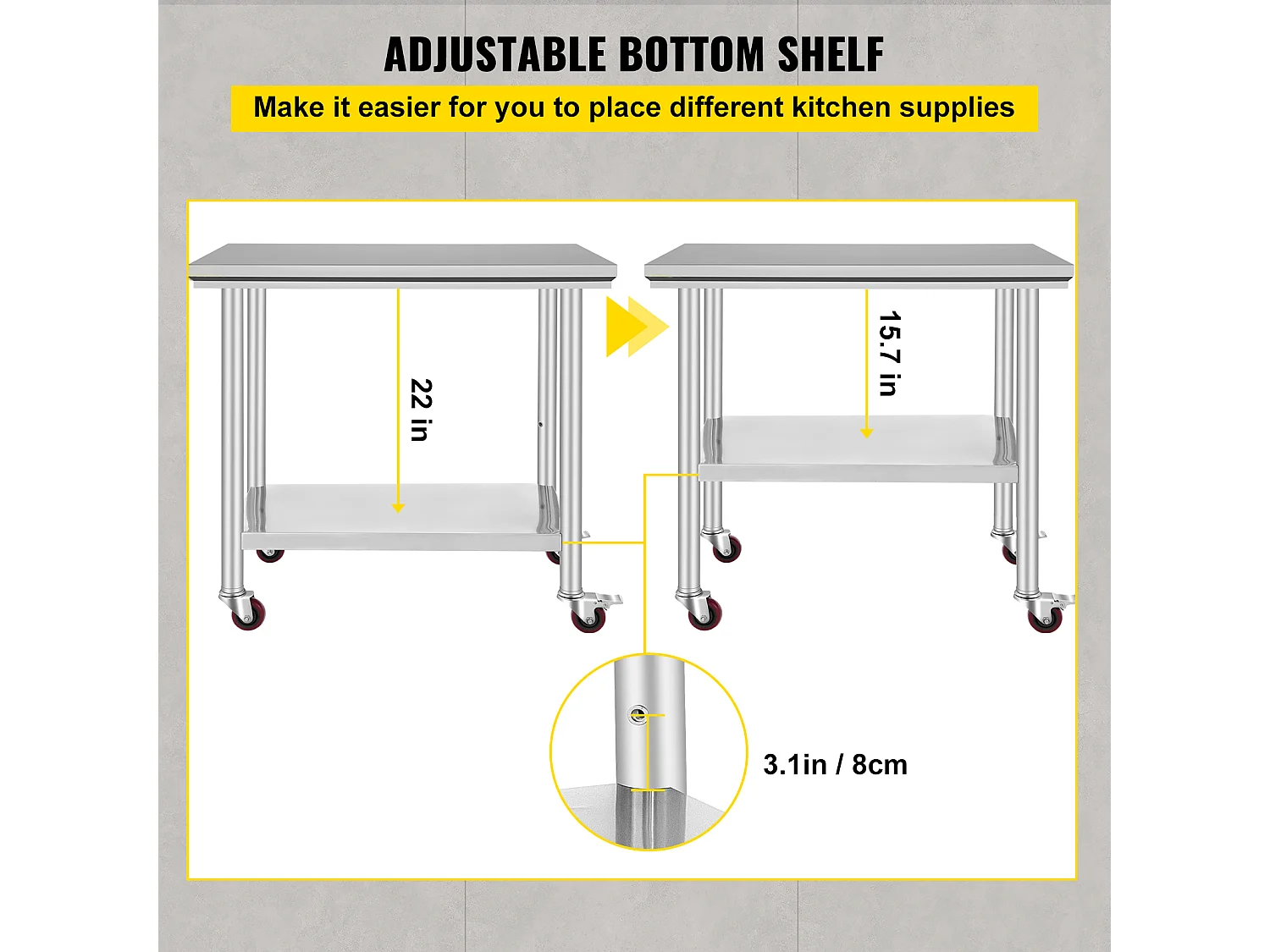 Mesa de Trabajo en Acero Inoxidable SucceBuy, 90x60x85 cm, Capacidad de Carga de 317,5 kg, 4 Ruedas, para Cocina Comercial, Restaurante