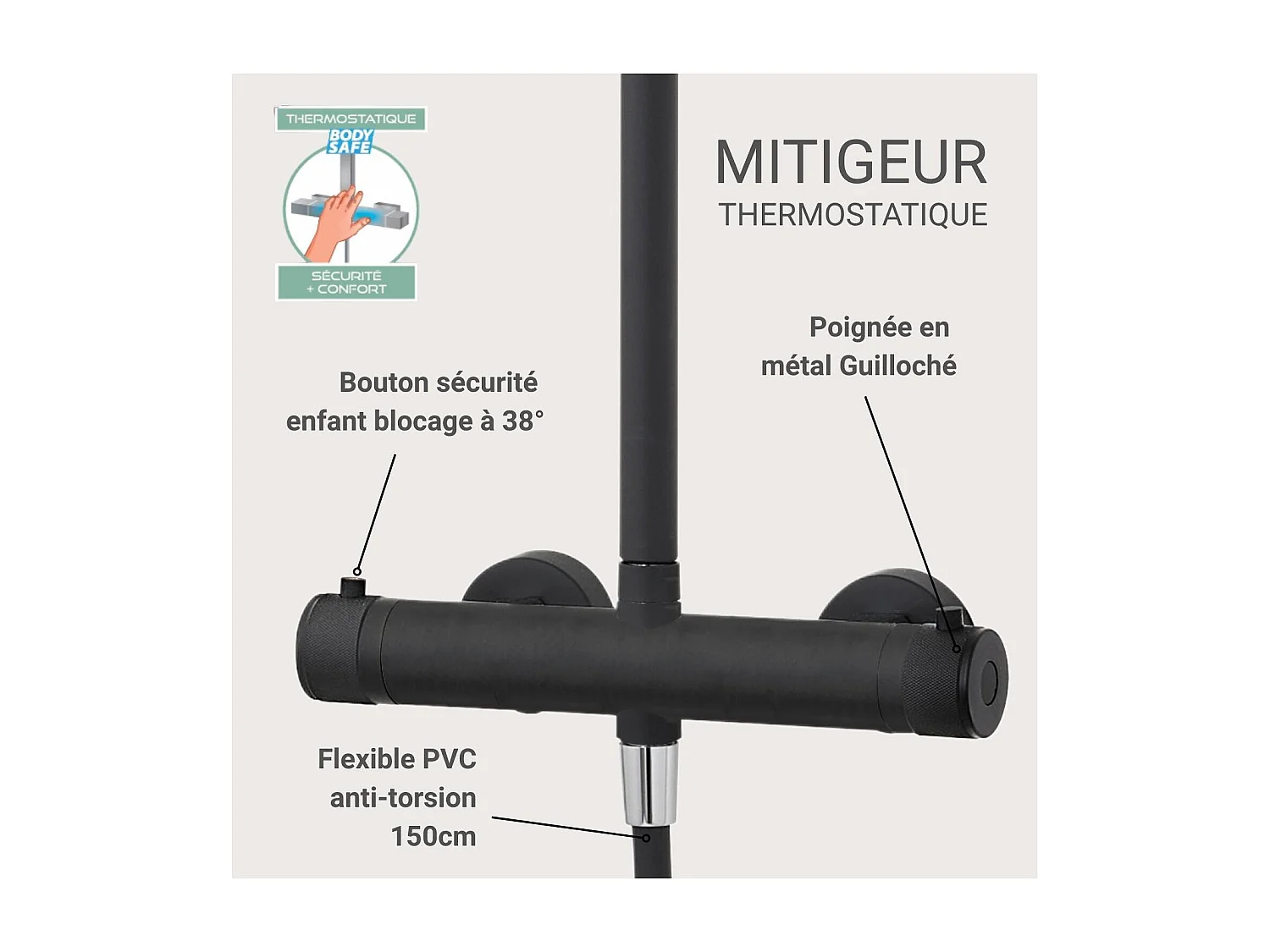 Colonne de douche thermostatique en inox avec tête ronde et poignées guillochées