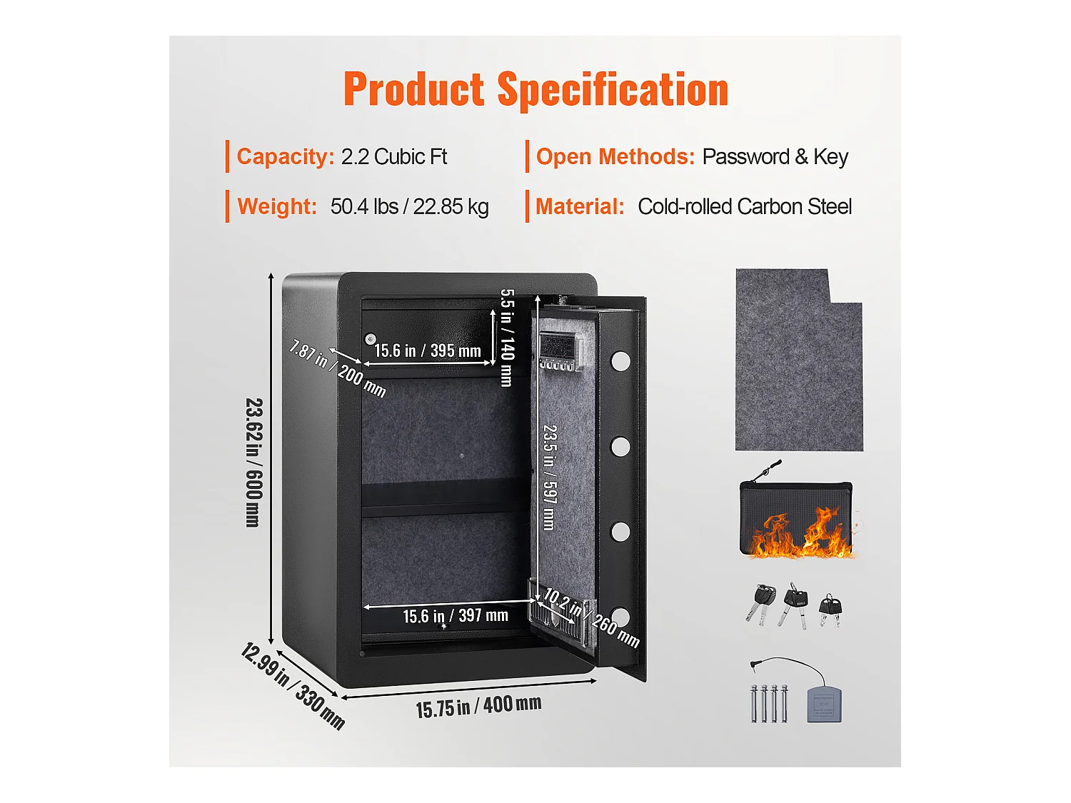 Tresor SucceBuy, Digitaler Tresor mit Passwort und Schlüsseln, Wand-Sicherheitstresor aus Stahl, für Bargeld, Schmuck, Pass, Dokumente, 62 L, Schwarz