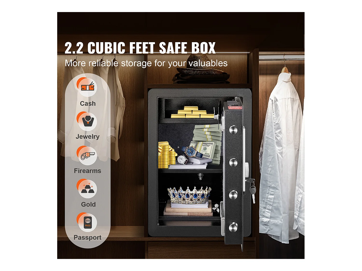 Tresor SucceBuy, Digitaler Tresor mit Passwort und Schlüsseln, Wand-Sicherheitstresor aus Stahl, für Bargeld, Schmuck, Pass, Dokumente, 62 L, Schwarz