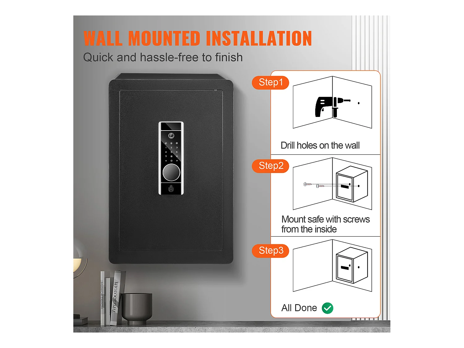 Tresor SucceBuy, Digitaler Tresor mit Passwort und Schlüsseln, Wand-Sicherheitstresor aus Stahl, für Bargeld, Schmuck, Pass, Dokumente, 62 L, Schwarz