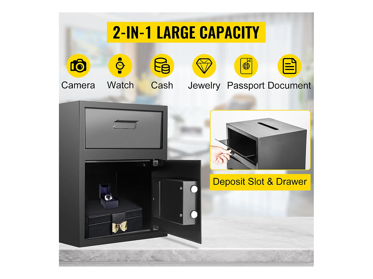 Coffre-Fort Numérique à Code Électronique SucceBuy, Digital Depository Safe Drop Safe en Acier au Carbone, 2 Clés 2 Kits de Codes, 48 L, avec Fente de Chute