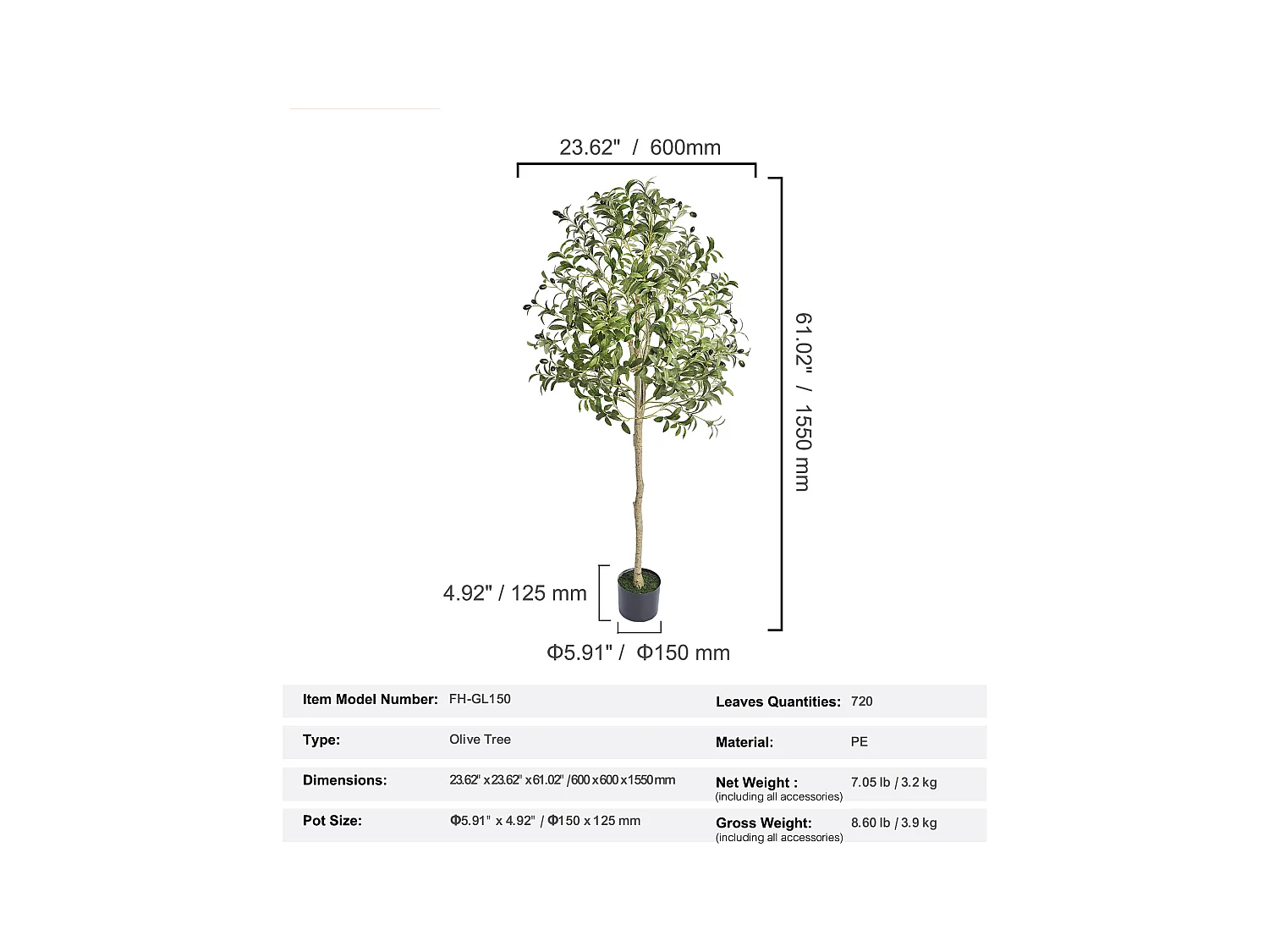 Arbre Artificiel SucceBuy 155 cm, Plante Artificielle PE, pour Maison Bureau Centres Commerciaux Intérieur Extérieur