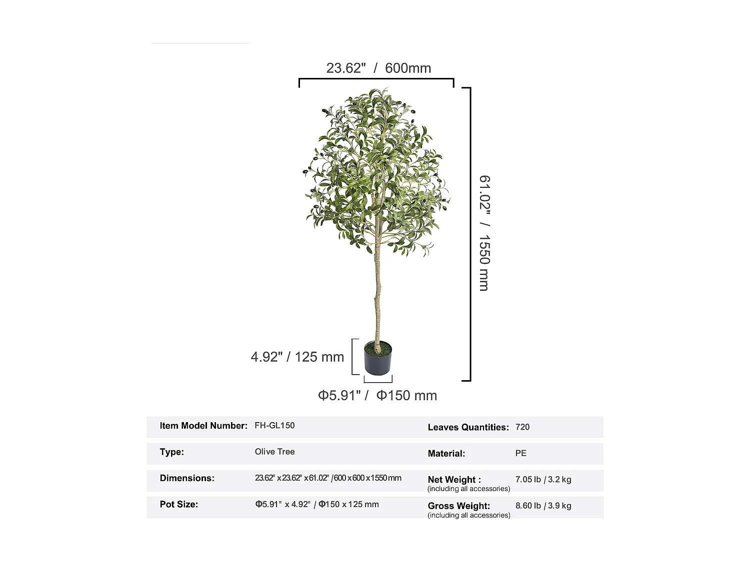Arbre Artificiel SucceBuy 155 cm, Plante Artificielle PE, pour Maison Bureau Centres Commerciaux Intérieur Extérieur
