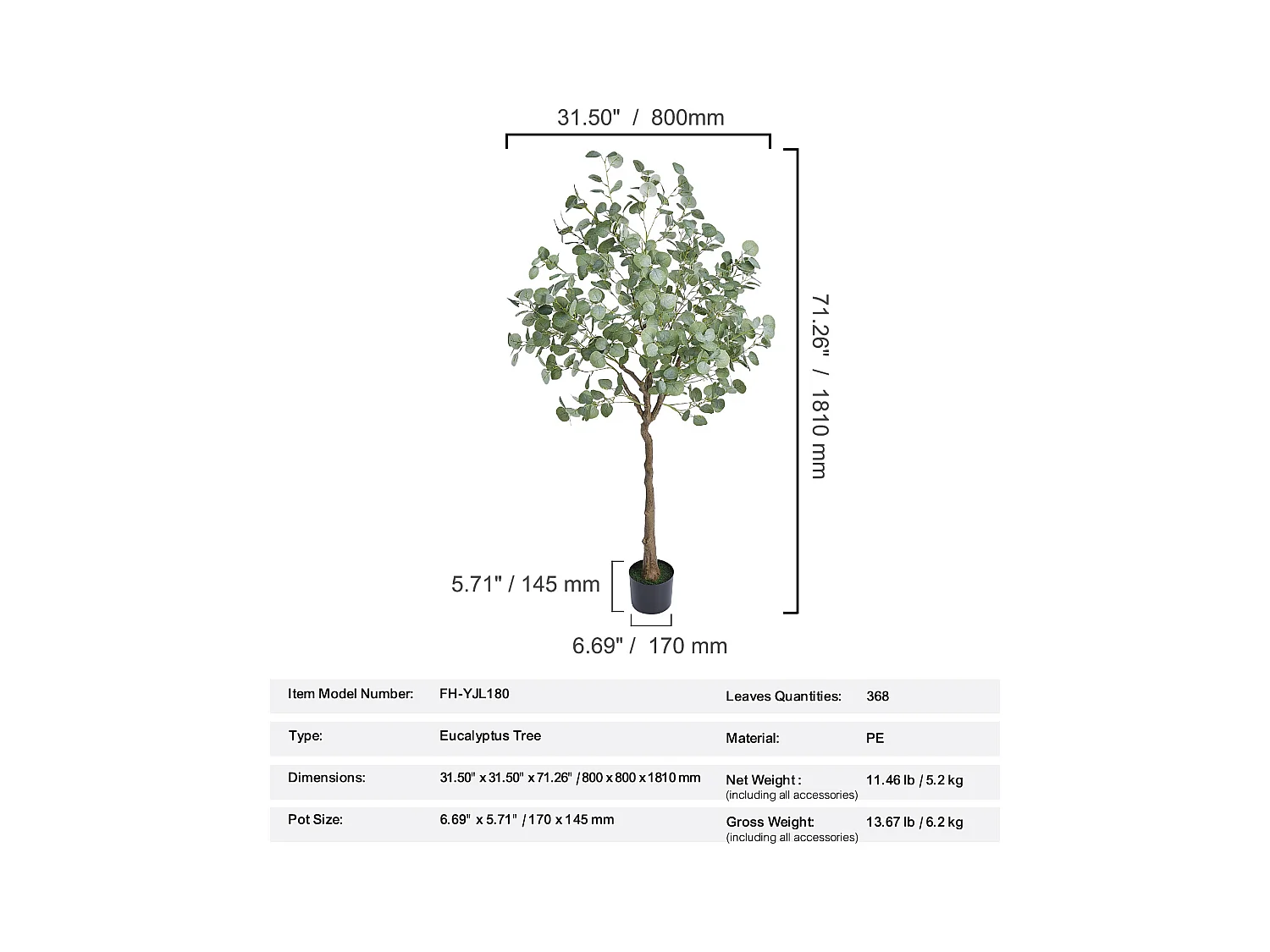 Arbre Artificiel SucceBuy 181 cm, Plante Artificielle PE, pour Maison Bureau Centres Commerciaux Intérieur Extérieur
