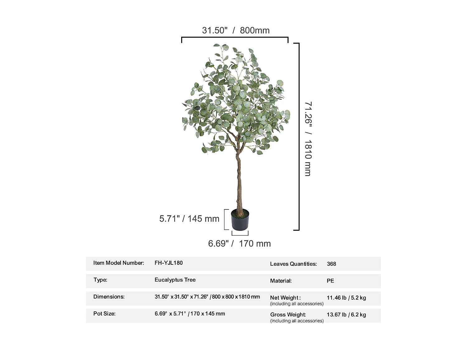 Arbre Artificiel SucceBuy 181 cm, Plante Artificielle PE, pour Maison Bureau Centres Commerciaux Intérieur Extérieur