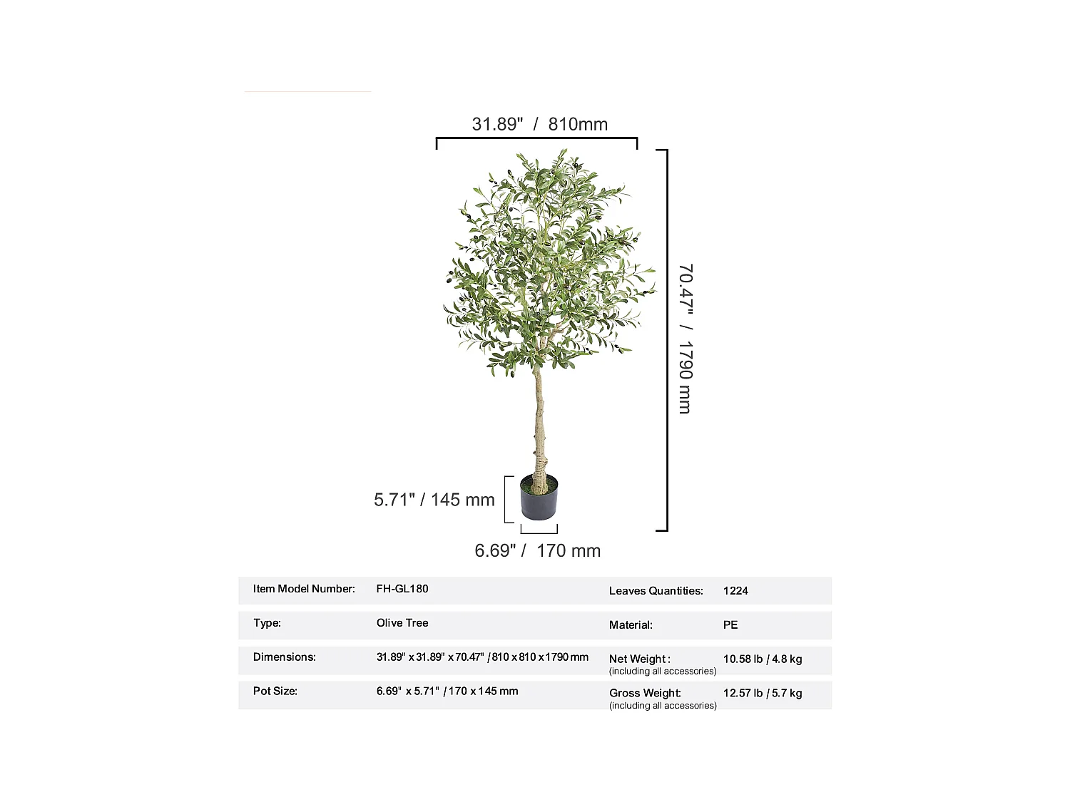 Arbre Artificiel SucceBuy 179 cm, Plante Artificielle PE, pour Maison Bureau Centres Commerciaux Intérieur Extérieur