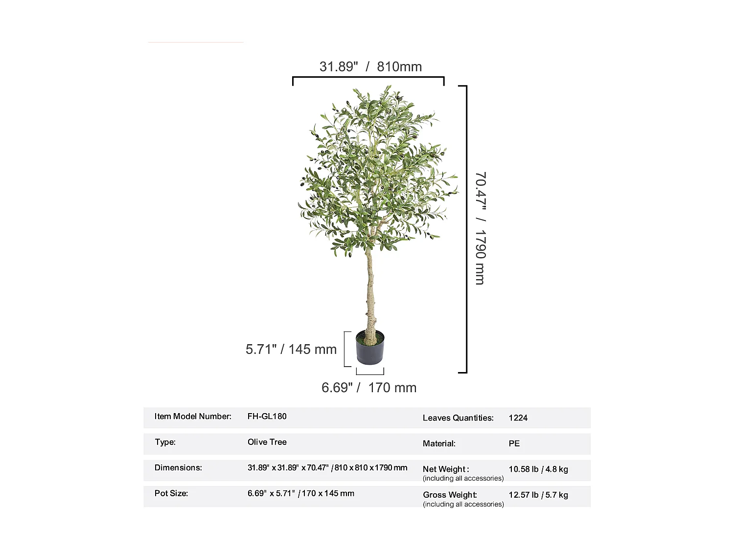 Arbre Artificiel SucceBuy 179 cm, Plante Artificielle PE, pour Maison Bureau Centres Commerciaux Intérieur Extérieur