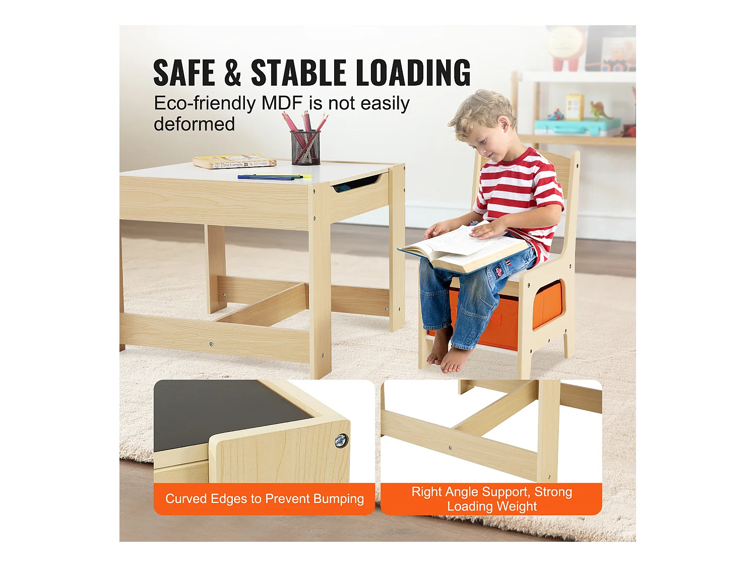 Conjunto de Mesa e Cadeira Infantil SucceBuy, Mesa de Atividades em Madeira com Caixas de Arrumação