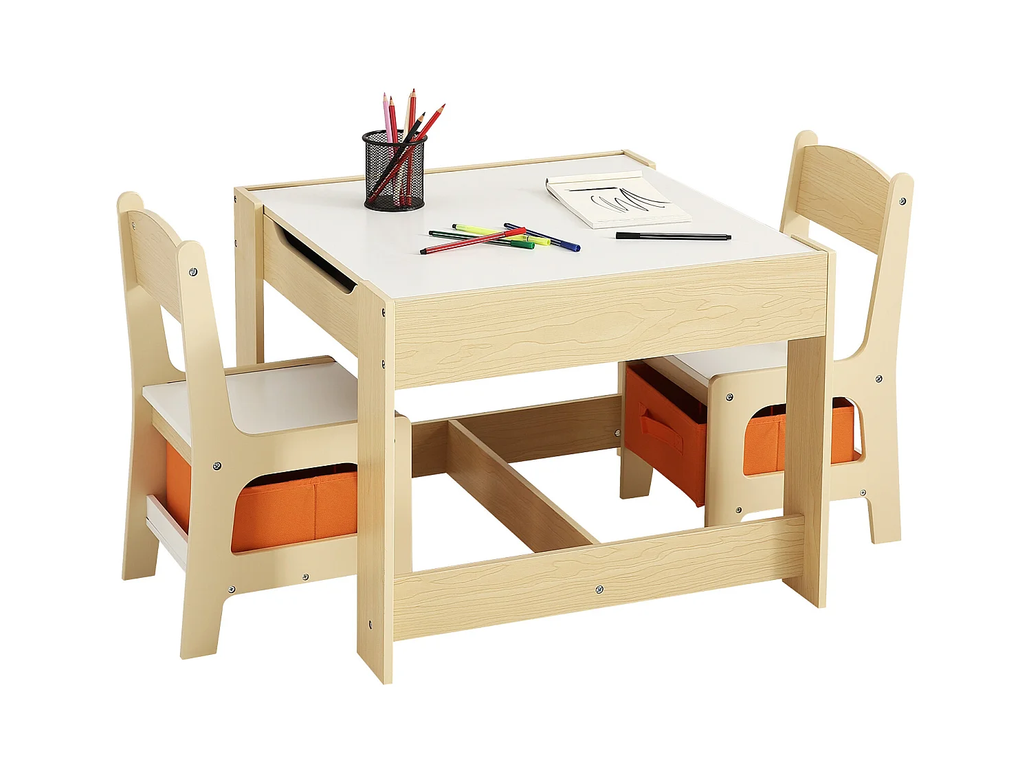 Conjunto de Mesa e Cadeira Infantil SucceBuy, Mesa de Atividades em Madeira com Caixas de Arrumação