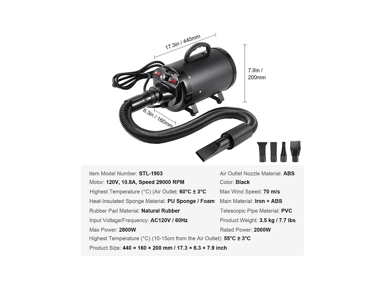 Sèche-Poils Toilettage SucceBuy Sèche-Cheveux pour Chiens Chats Animaux de Compagnie 2000 W, Vitesse Réglable, 4 Buses, Noir