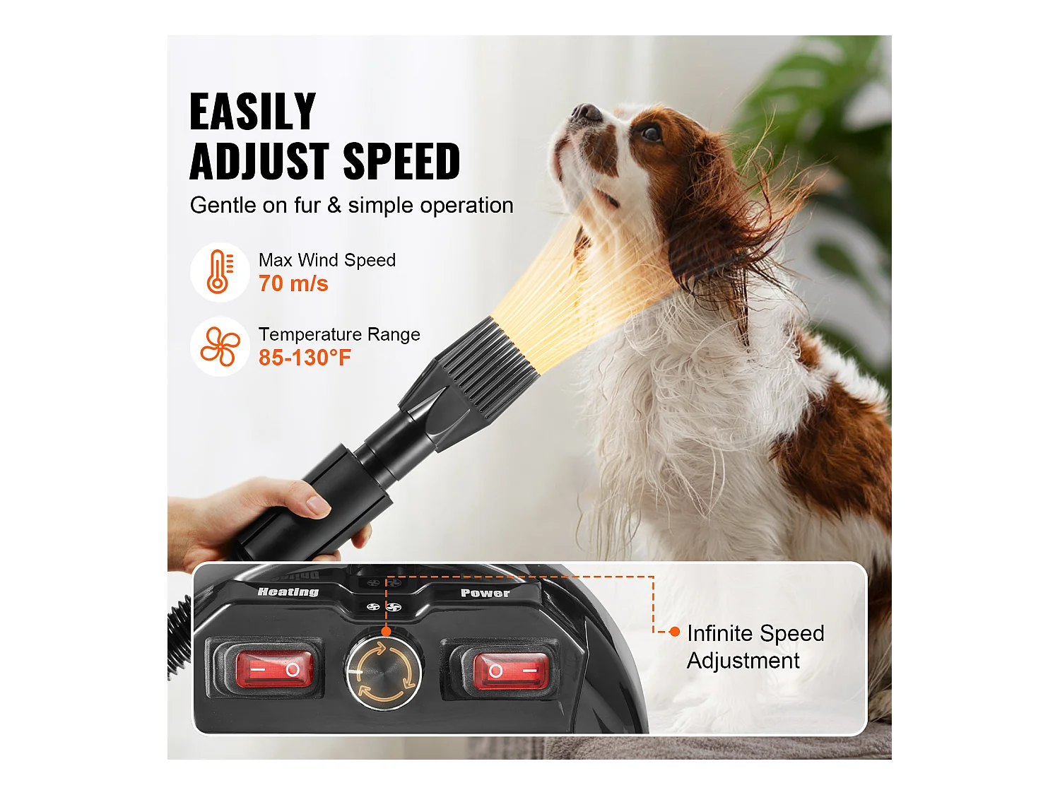 Sèche-Poils Toilettage SucceBuy Sèche-Cheveux pour Chiens Chats Animaux de Compagnie 2000 W, Vitesse Réglable, 4 Buses, Noir