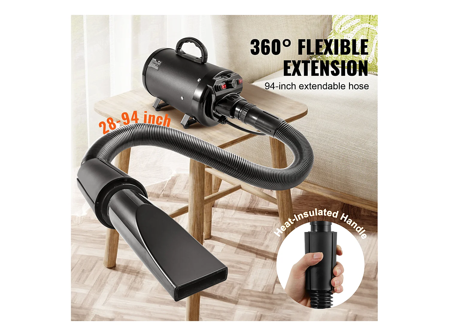 Sèche-Poils Toilettage SucceBuy Sèche-Cheveux pour Chiens Chats Animaux de Compagnie 2000 W, Vitesse Réglable, 4 Buses, Noir