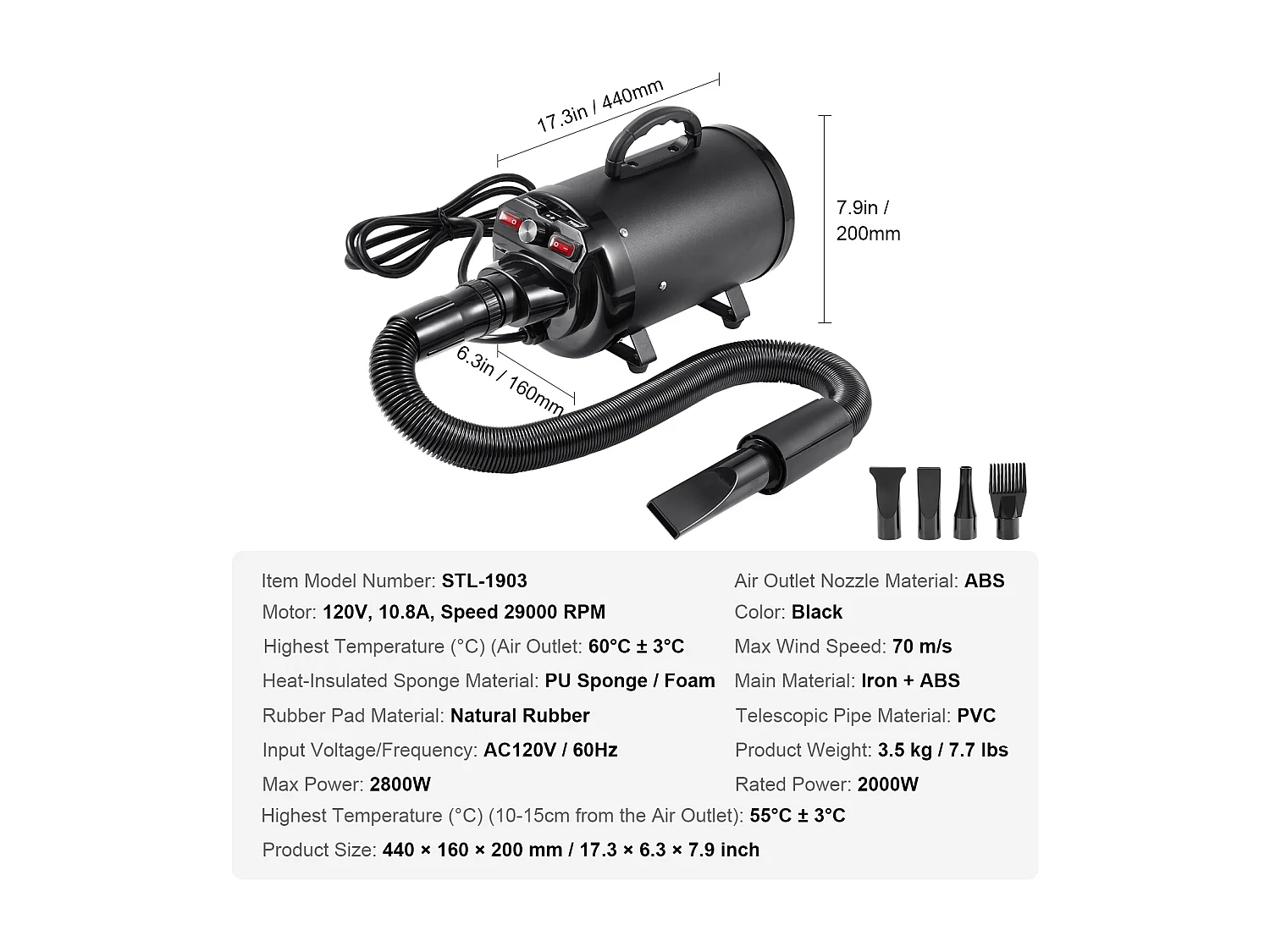 Sèche-Poils Toilettage SucceBuy Sèche-Cheveux pour Chiens Chats Animaux de Compagnie 2000 W, Vitesse Réglable, 4 Buses, Noir