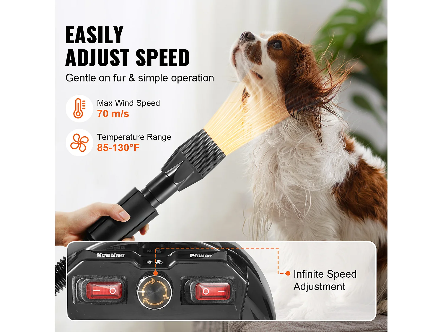 Sèche-Poils Toilettage SucceBuy Sèche-Cheveux pour Chiens Chats Animaux de Compagnie 2000 W, Vitesse Réglable, 4 Buses, Noir