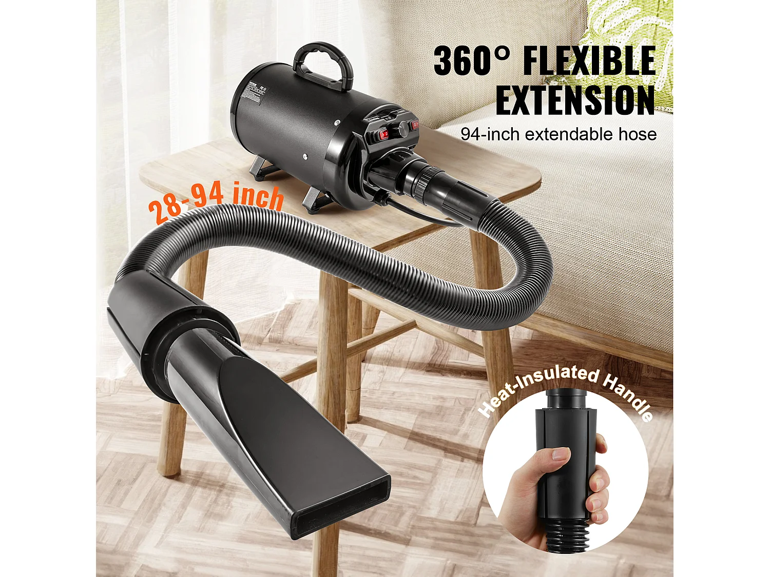 Sèche-Poils Toilettage SucceBuy Sèche-Cheveux pour Chiens Chats Animaux de Compagnie 2000 W, Vitesse Réglable, 4 Buses, Noir