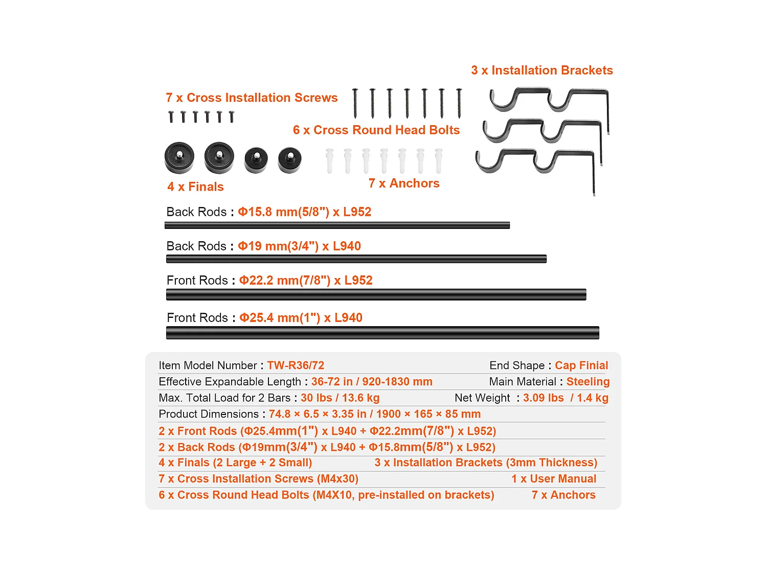 Tringles à Rideaux à Double Tige SucceBuy, Longueur Réglable de 36 à 72 Pouces, Embouts de Capuchon