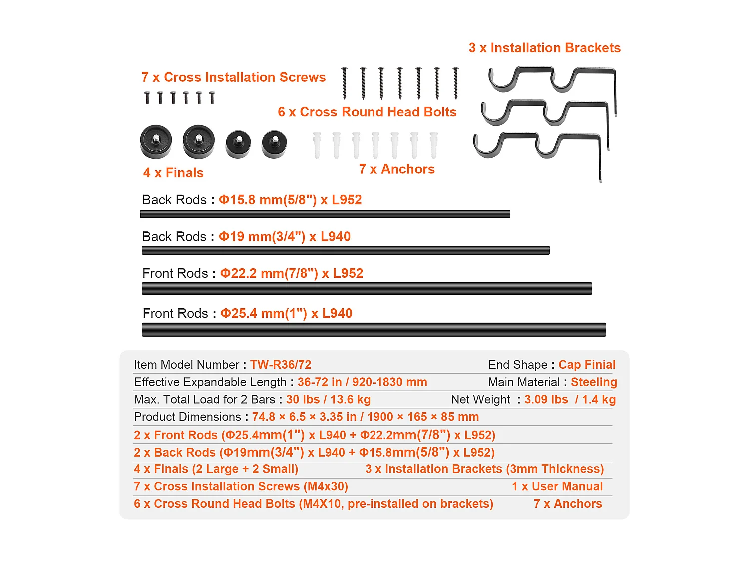 Tringles à Rideaux à Double Tige SucceBuy, Longueur Réglable de 36 à 72 Pouces, Embouts de Capuchon
