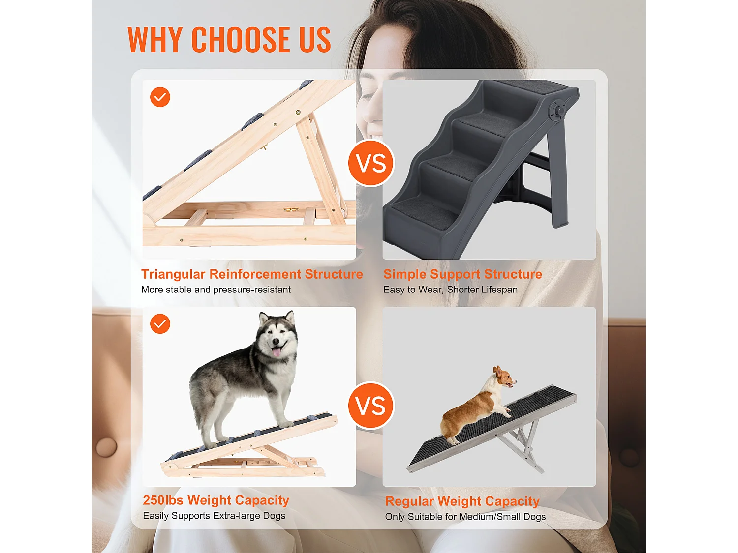 Rampa per Cani SucceBuy, Rampa Pieghevole per Animali Domestici, Lunga 104,9 CM, Altezza Regolabile da 35,9 a 65,5 CM