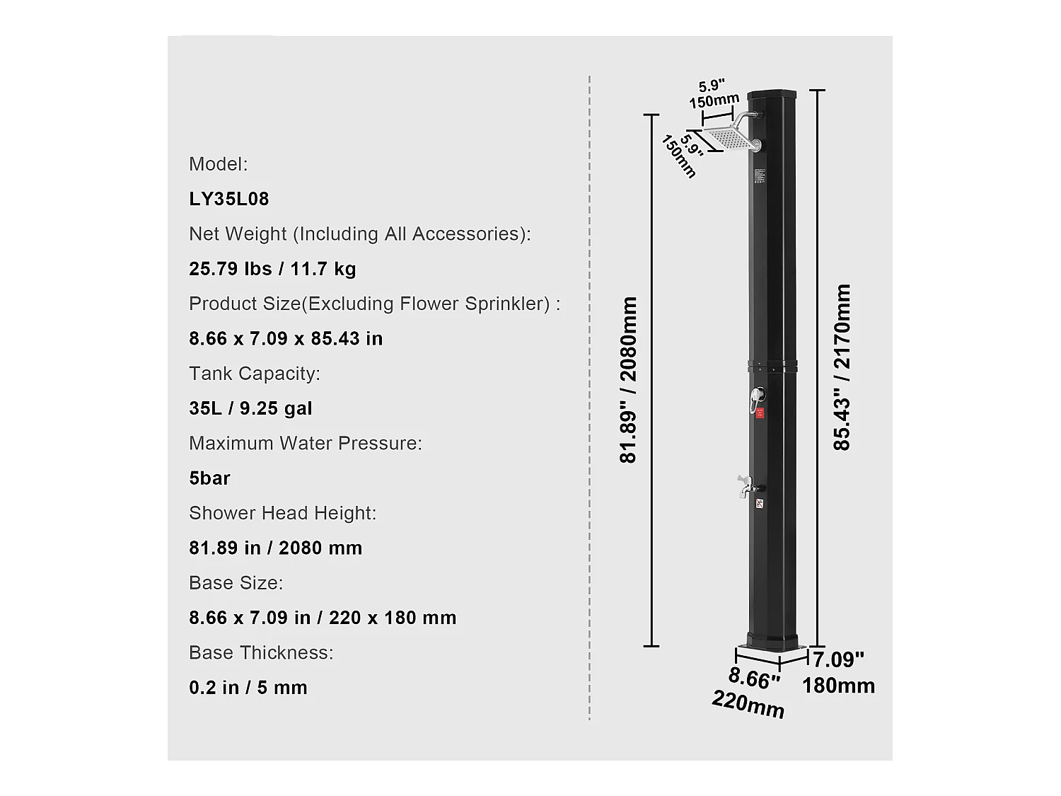 Douche Solaire Chauffante Extérieure SucceBuy 35 L avec Pommeau de Douche Réglable et Base, Au Bord de la Piscine