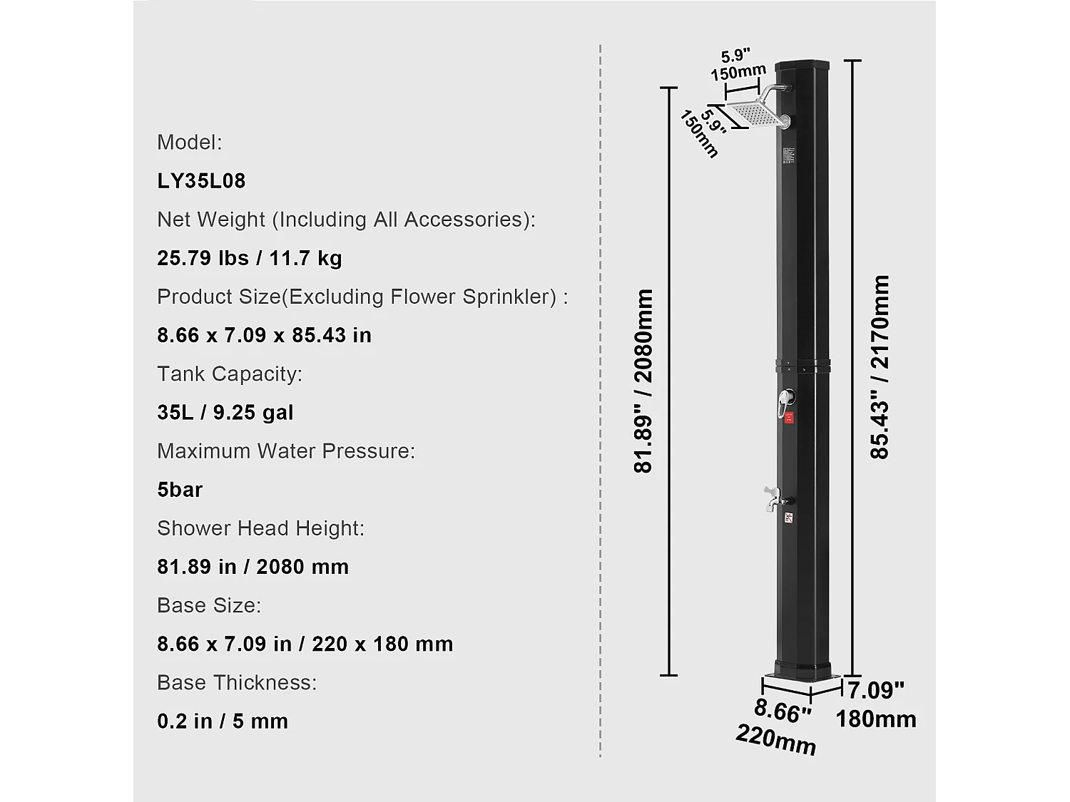 Douche Solaire Chauffante Extérieure SucceBuy 35 L avec Pommeau de Douche Réglable et Base, Au Bord de la Piscine
