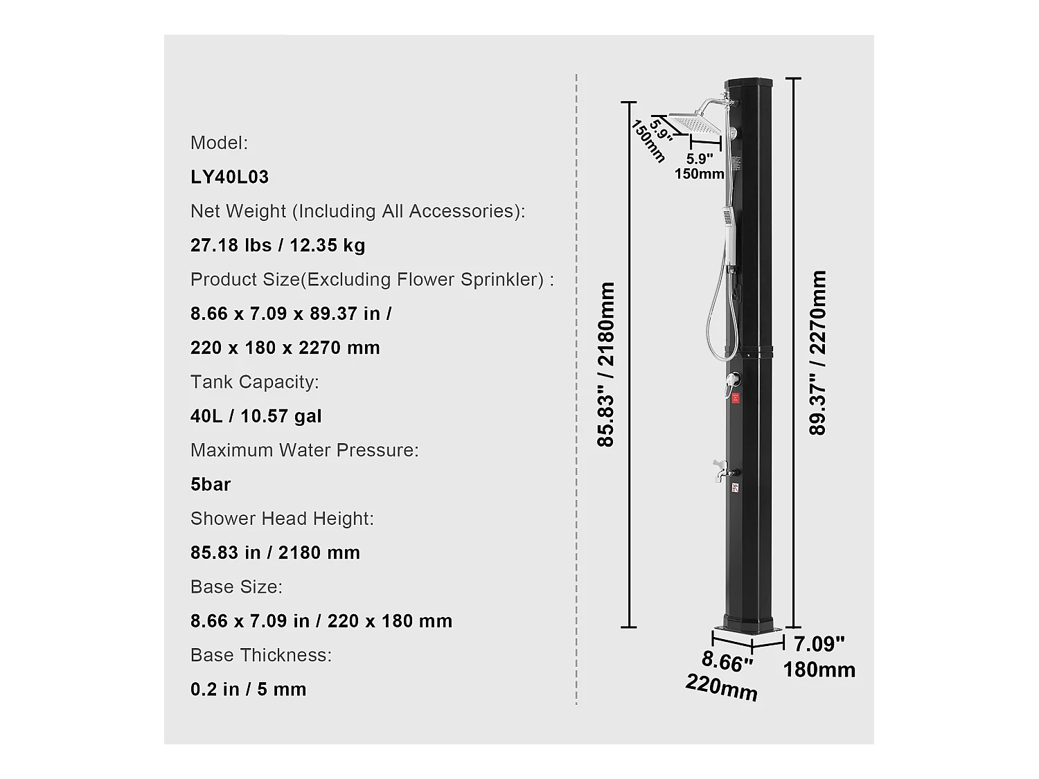 Douche Solaire Extérieure Chauffante SucceBuy 40 L avec 2 Têtes et Base Réglables, Au Bord de la Piscine