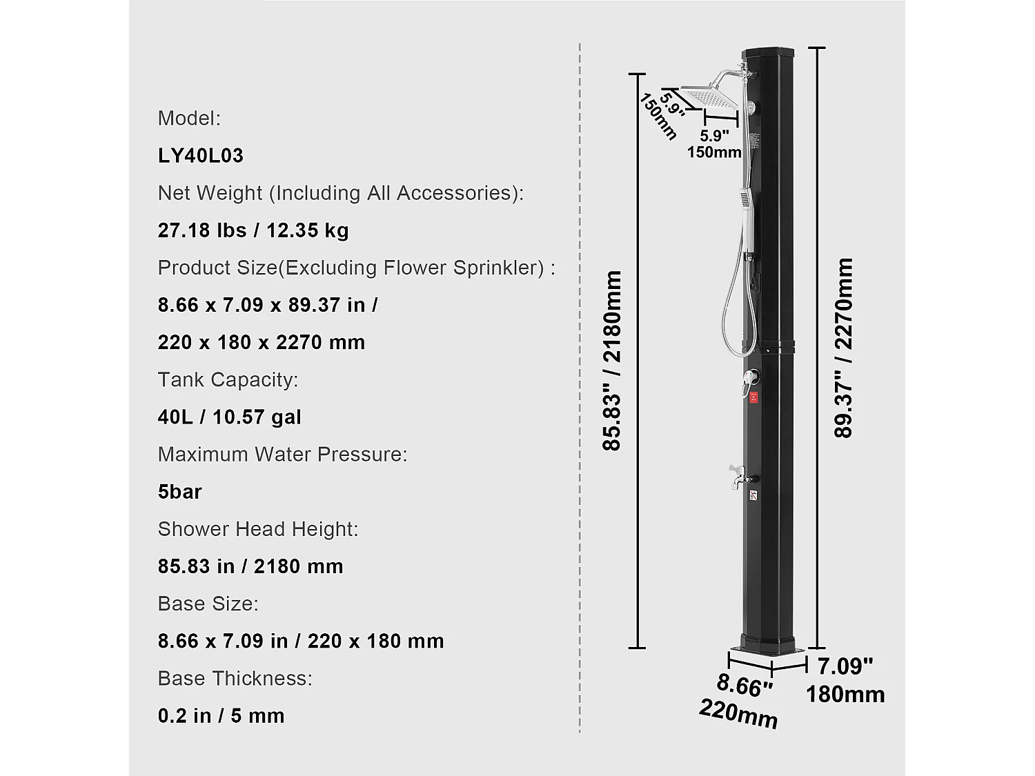 Douche Solaire Extérieure Chauffante SucceBuy 40 L avec 2 Têtes et Base Réglables, Au Bord de la Piscine