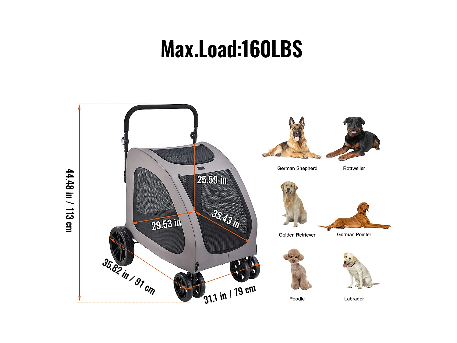 Poussette pour Chien SucceBuy, 4 Roues avec Freins, Capacité de Charge 73 kg, Hauteur Réglable, Tissu Oxford 600D