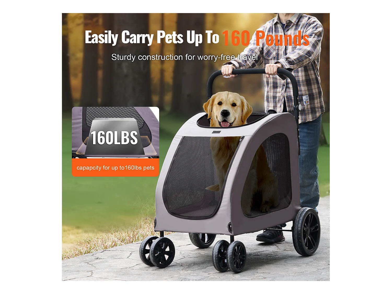 Poussette pour Chien SucceBuy, 4 Roues avec Freins, Capacité de Charge 73 kg, Hauteur Réglable, Tissu Oxford 600D