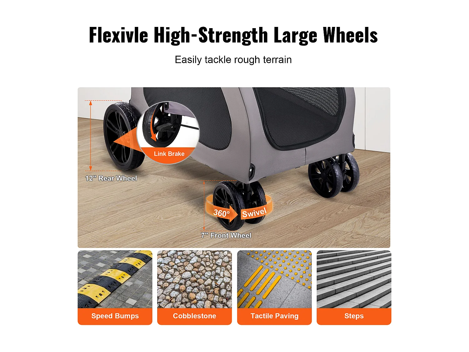 Poussette pour Chien SucceBuy, 4 Roues avec Freins, Capacité de Charge 73 kg, Hauteur Réglable, Tissu Oxford 600D