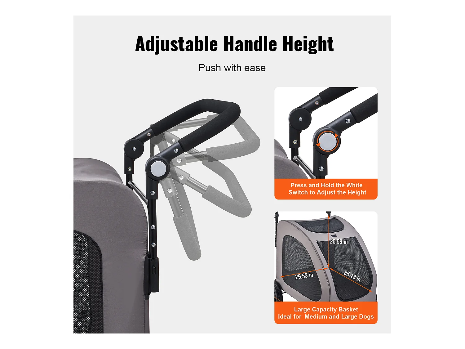 Poussette pour Chien SucceBuy, 4 Roues avec Freins, Capacité de Charge 73 kg, Hauteur Réglable, Tissu Oxford 600D