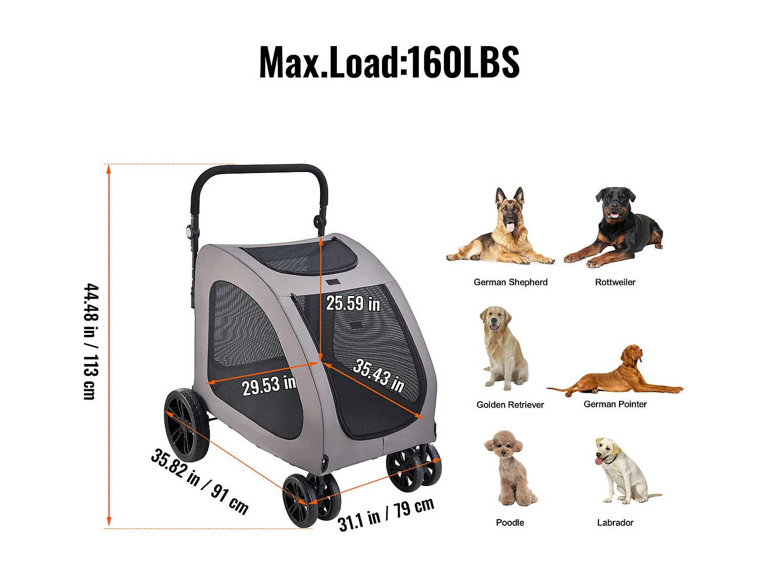 Poussette pour Chien SucceBuy, 4 Roues avec Freins, Capacité de Charge 73 kg, Hauteur Réglable, Tissu Oxford 600D