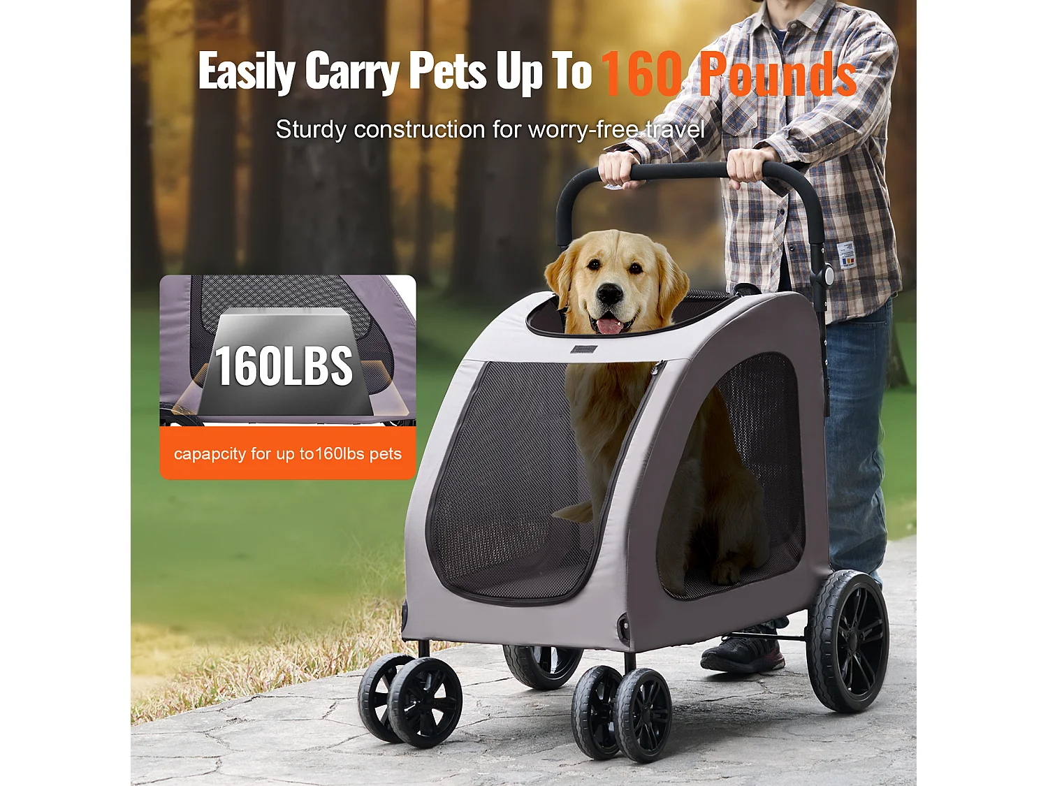 Poussette pour Chien SucceBuy, 4 Roues avec Freins, Capacité de Charge 73 kg, Hauteur Réglable, Tissu Oxford 600D