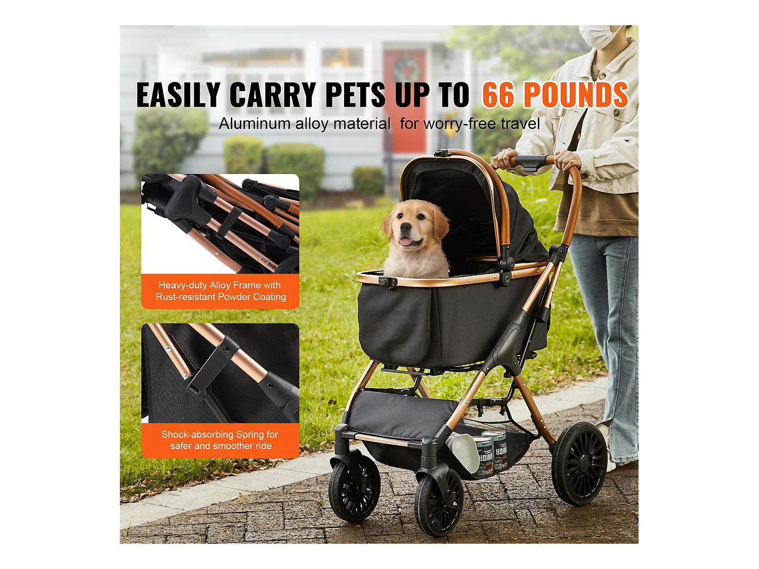 Poussette pour Chien SucceBuy, 4 Roues avec Freins, Capacité de Charge 30 kg, Tissu Oxford 800D, pour Chiens Petite/Moyenne Taille, Noir