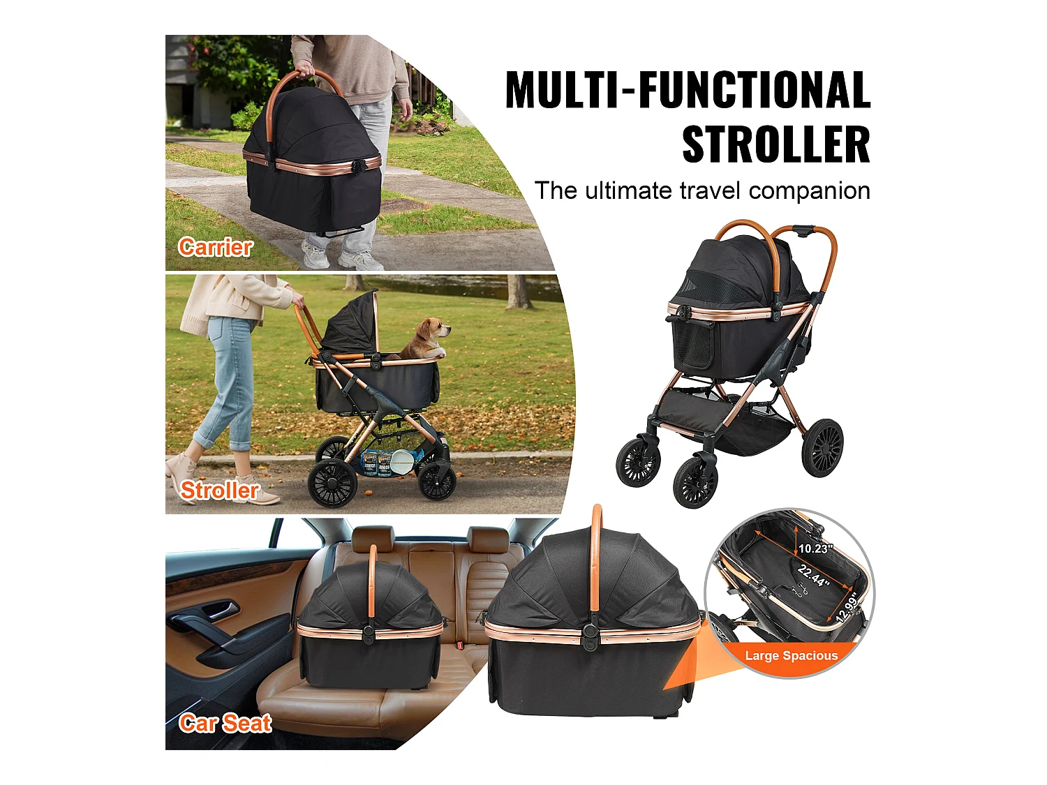 Poussette pour Chien SucceBuy, 4 Roues avec Freins, Capacité de Charge 30 kg, Tissu Oxford 800D, pour Chiens Petite/Moyenne Taille, Noir