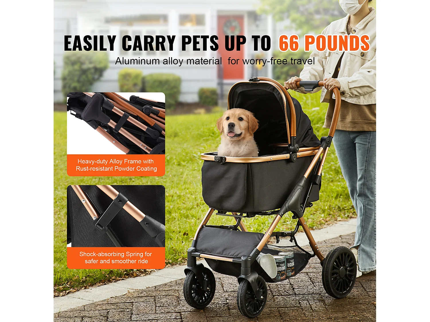 Hundewagen SucceBuy, 4 Räder mit Bremsen, Traglast 30 kg, Oxford-Gewebe 800D, für Hunde Kleine/Mittlere Größe, Schwarz