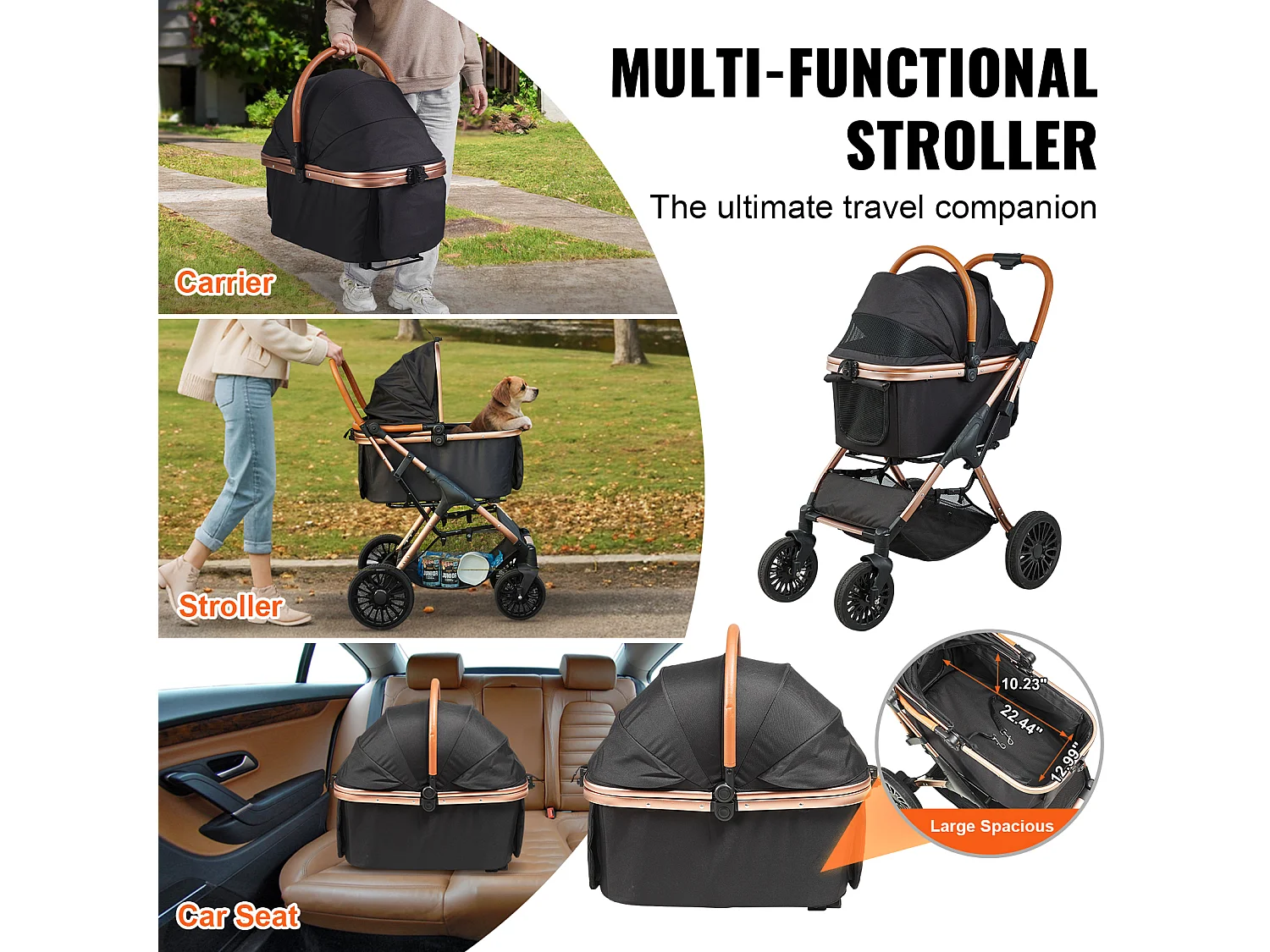 Hundewagen SucceBuy, 4 Räder mit Bremsen, Traglast 30 kg, Oxford-Gewebe 800D, für Hunde Kleine/Mittlere Größe, Schwarz