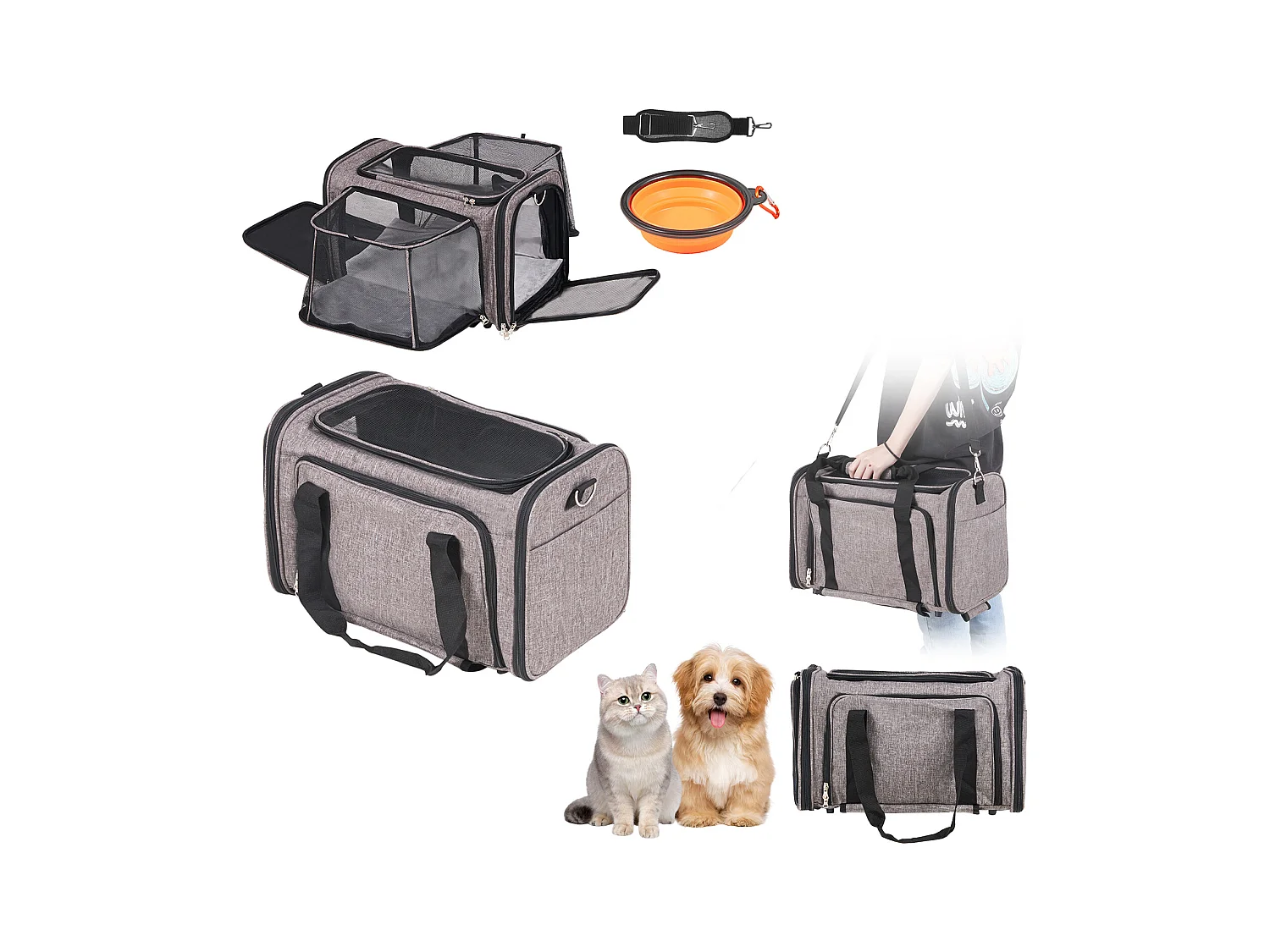 Sac de Transport pour Chat SucceBuy avec Roulettes, pour Animaux de Compagnie de Moins de 11.3 kg, 1 Bol Pliable Inclus, Gris