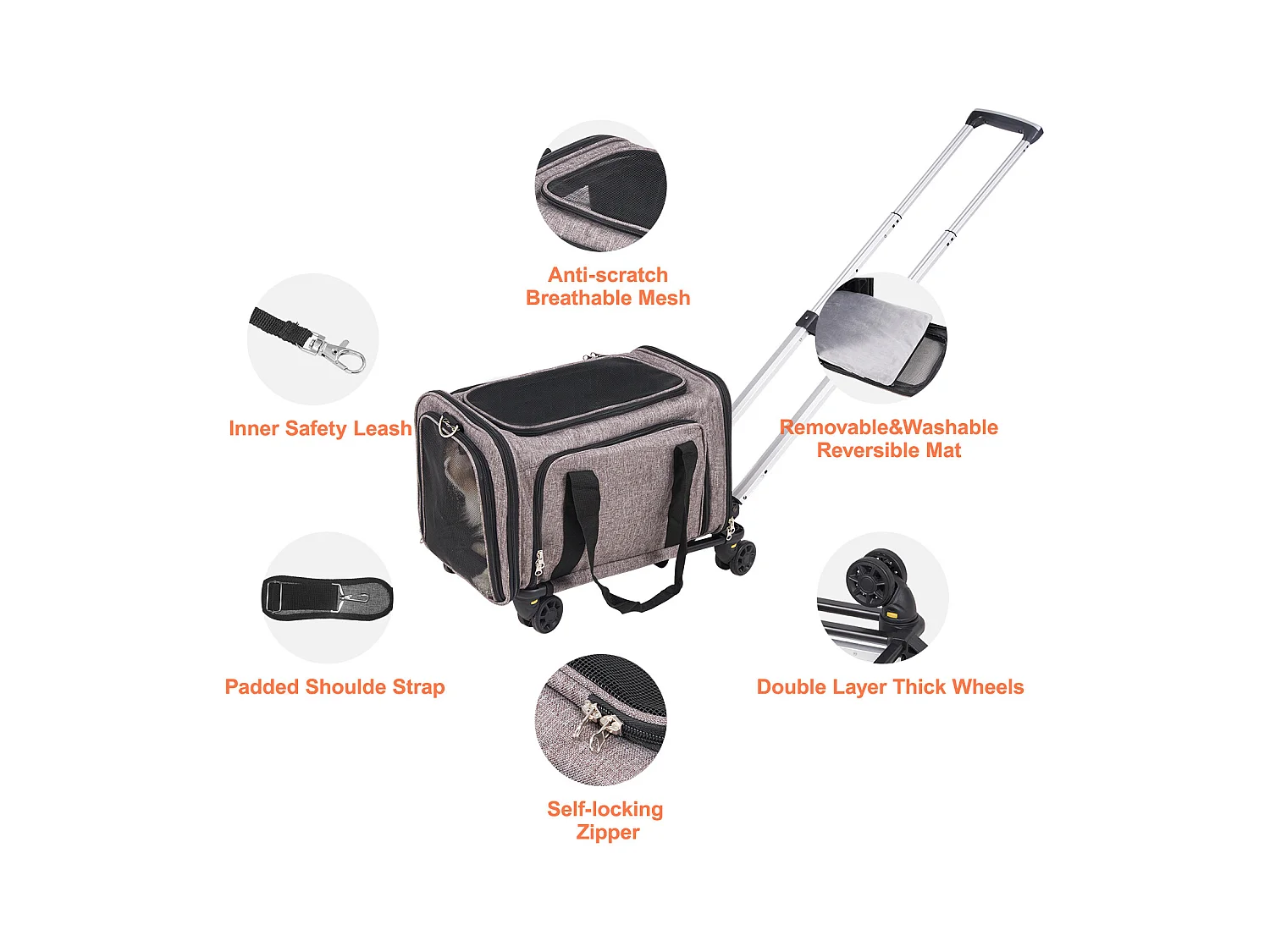 Sac de Transport pour Chat SucceBuy avec Roulettes, pour Animaux de Compagnie de Moins de 11.3 kg, 1 Bol Pliable Inclus, Gris