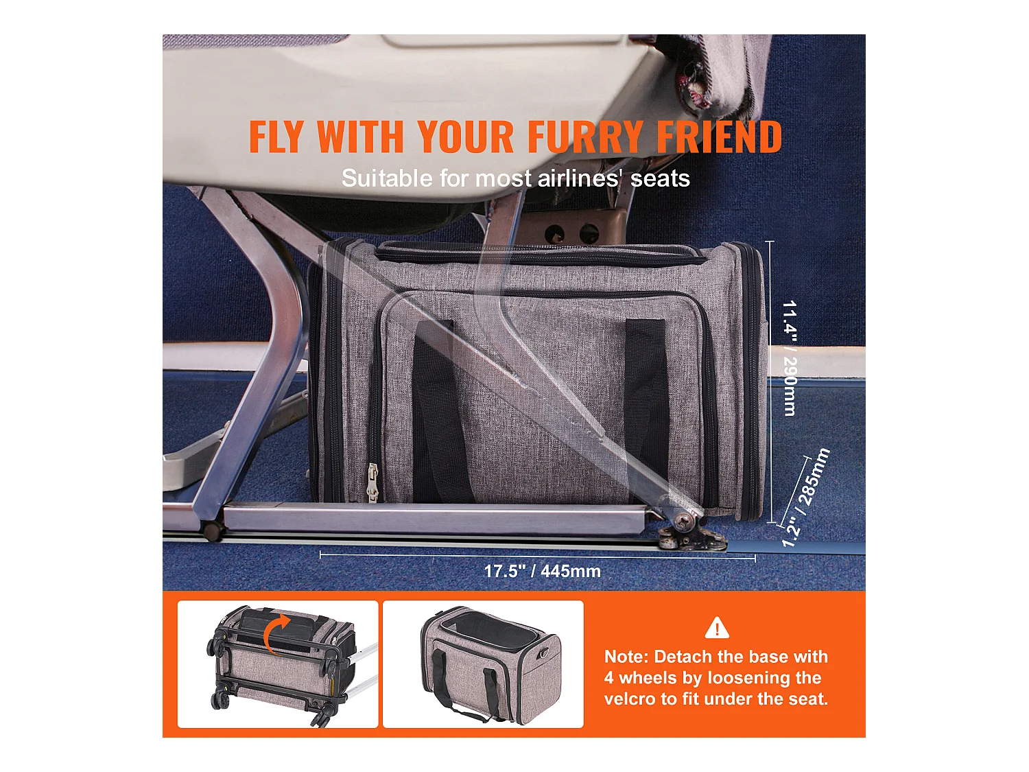 Sac de Transport pour Chat SucceBuy avec Roulettes, pour Animaux de Compagnie de Moins de 11.3 kg, 1 Bol Pliable Inclus, Gris