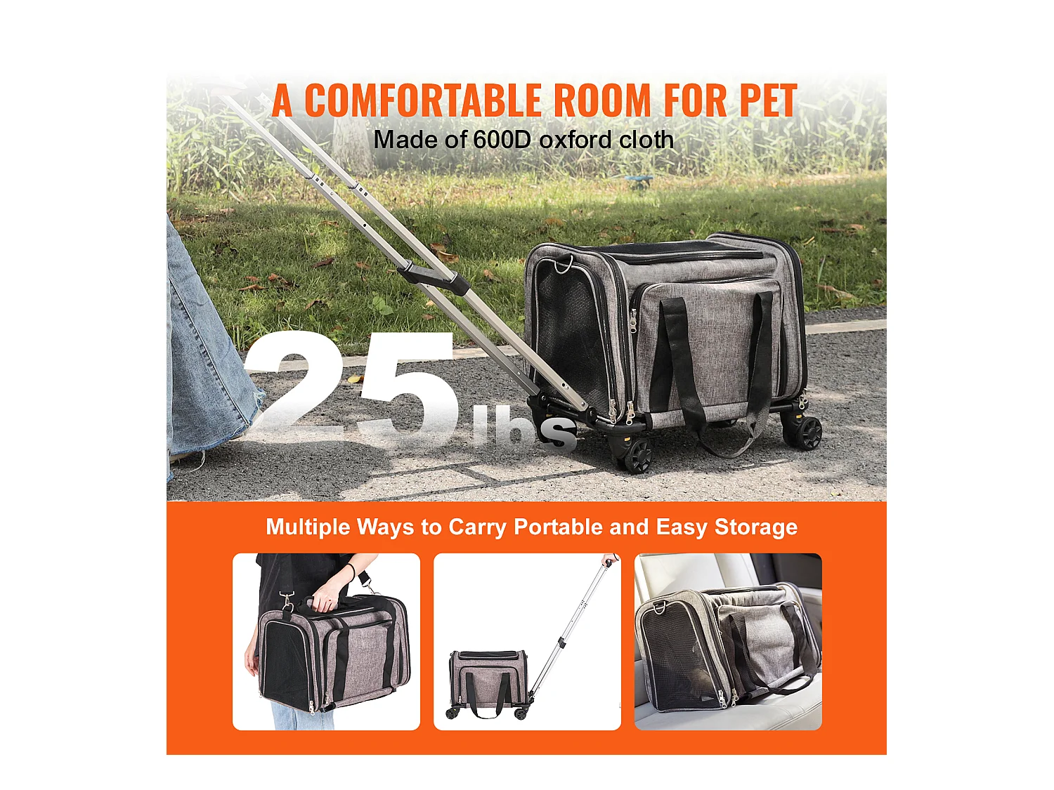 Sac de Transport pour Chat SucceBuy avec Roulettes, pour Animaux de Compagnie de Moins de 11.3 kg, 1 Bol Pliable Inclus, Gris