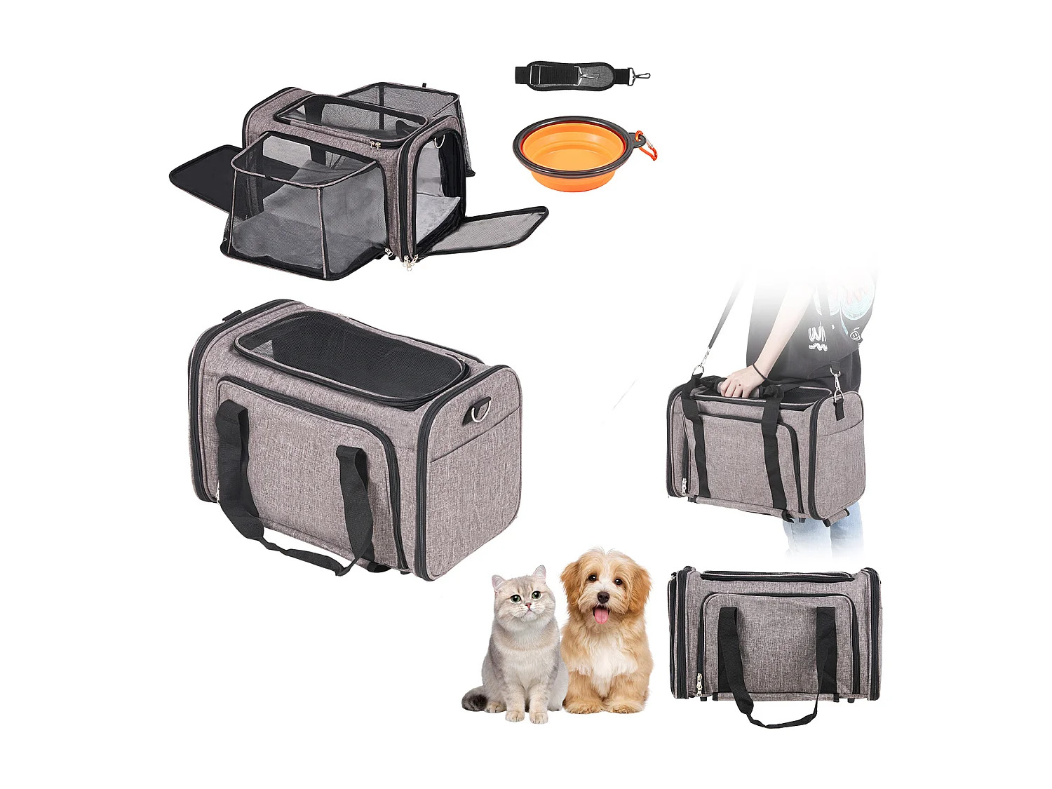 Sac de Transport pour Chat SucceBuy avec Roulettes, pour Animaux de Compagnie de Moins de 11.3 kg, 1 Bol Pliable Inclus, Gris