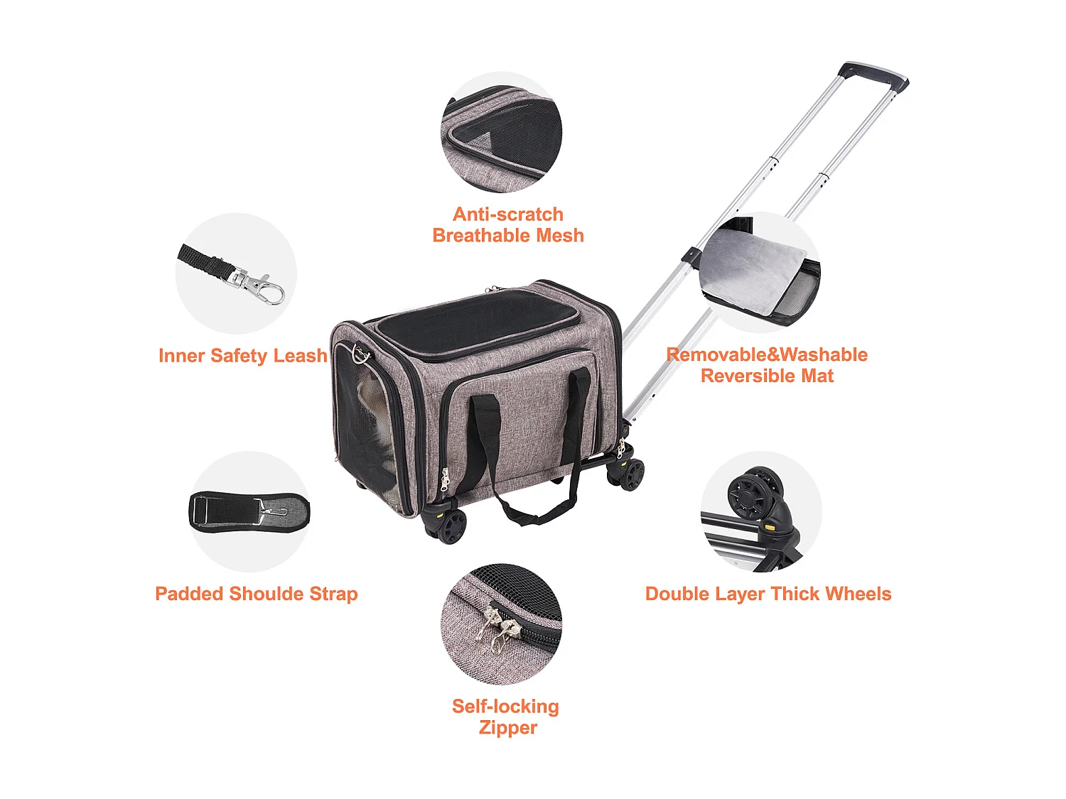 Sac de Transport pour Chat SucceBuy avec Roulettes, pour Animaux de Compagnie de Moins de 11.3 kg, 1 Bol Pliable Inclus, Gris