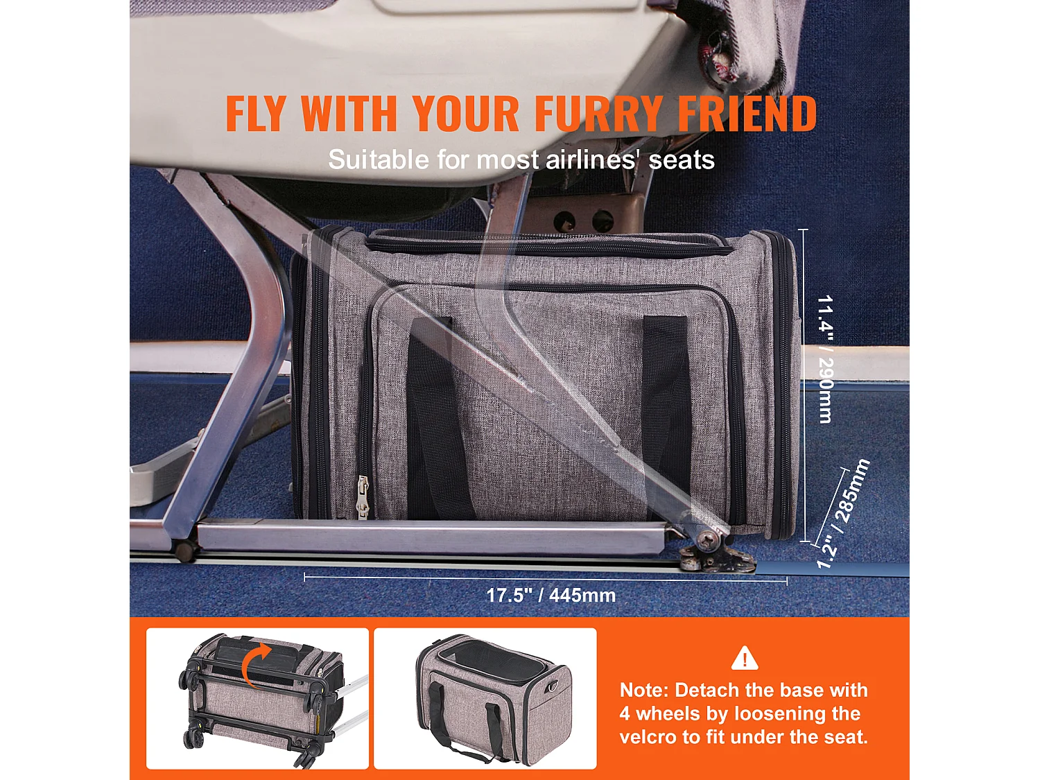 Sac de Transport pour Chat SucceBuy avec Roulettes, pour Animaux de Compagnie de Moins de 11.3 kg, 1 Bol Pliable Inclus, Gris