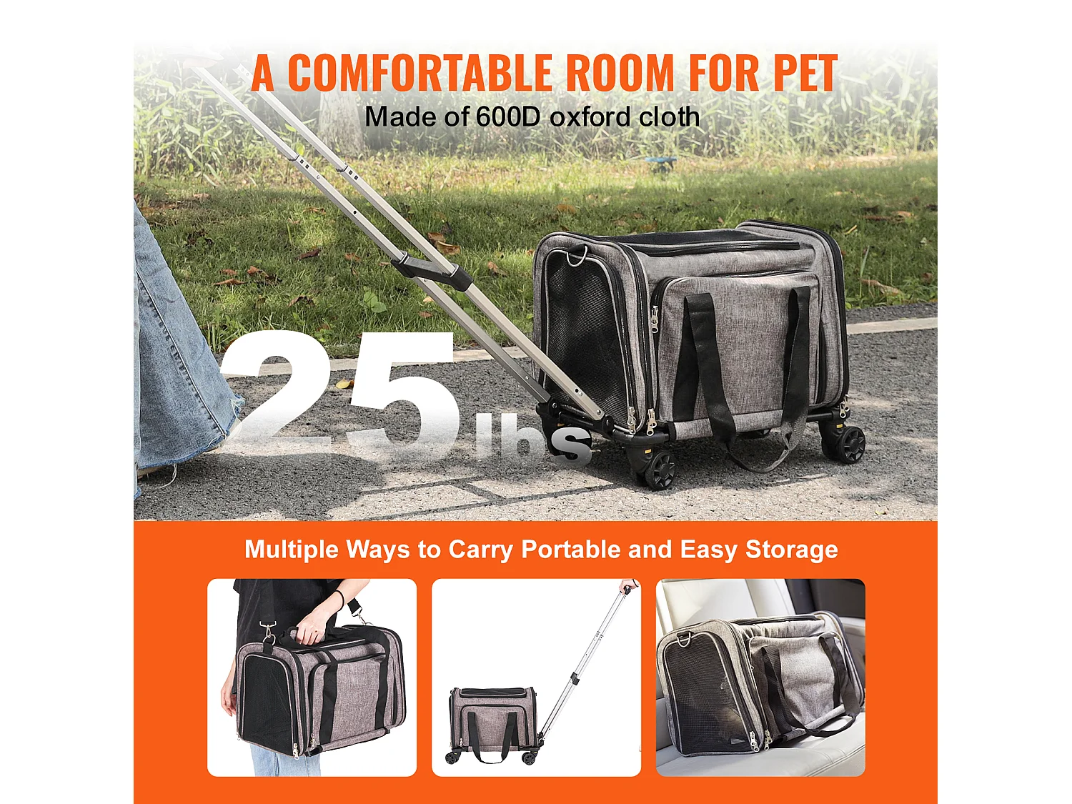 Sac de Transport pour Chat SucceBuy avec Roulettes, pour Animaux de Compagnie de Moins de 11.3 kg, 1 Bol Pliable Inclus, Gris