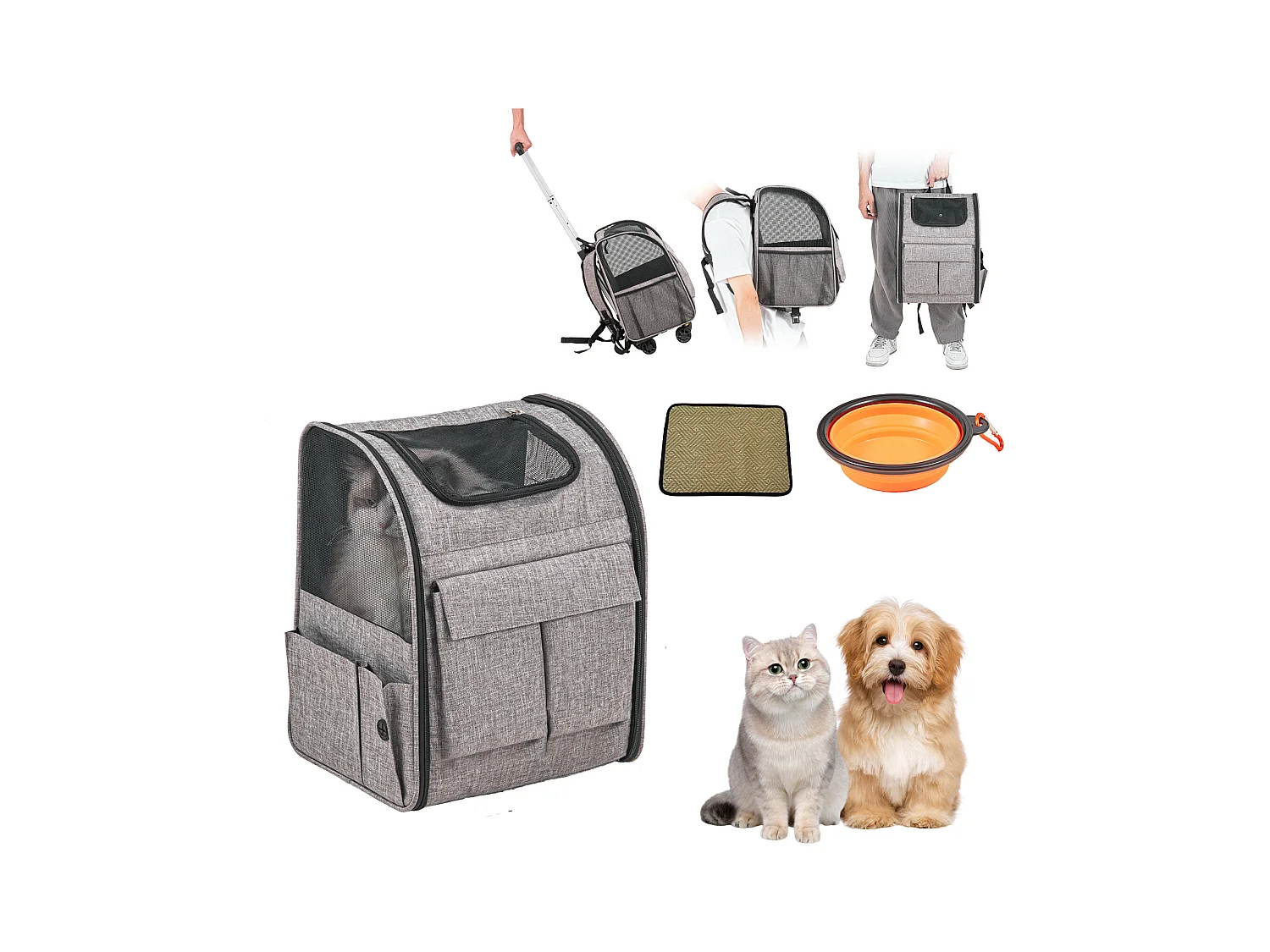 Sac de Transport pour Chat SucceBuy avec Roulettes, Sac de Transport pour Animaux de Compagnie à Roulettes, 8.16 kg, Gris
