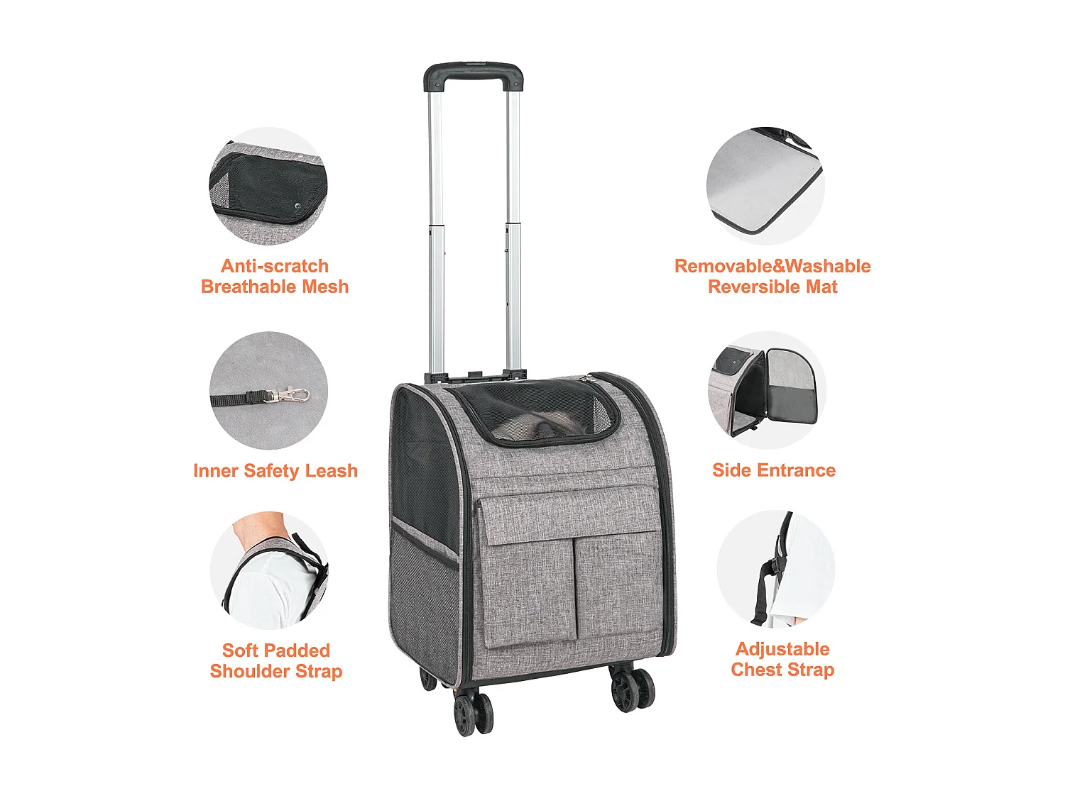 Trasportino per Gatti SucceBuy con Ruote,Trasportino per Animali Domestici con Ruote, 18 libbre, Grigio