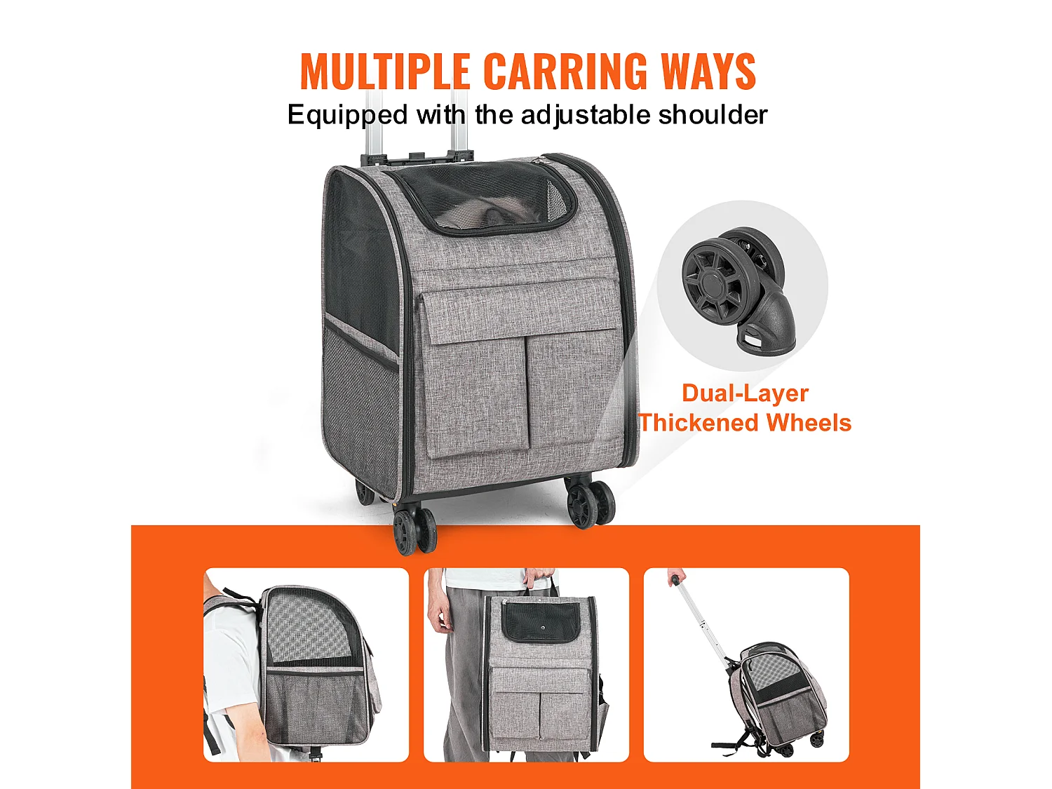 Trasportino per Gatti SucceBuy con Ruote,Trasportino per Animali Domestici con Ruote, 18 libbre, Grigio