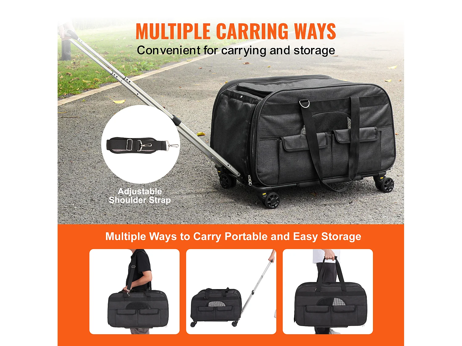 Sac de Transport pour Chat à Roulettes SucceBuy avec Poignée, Capacité de 15.87 kg, Noir