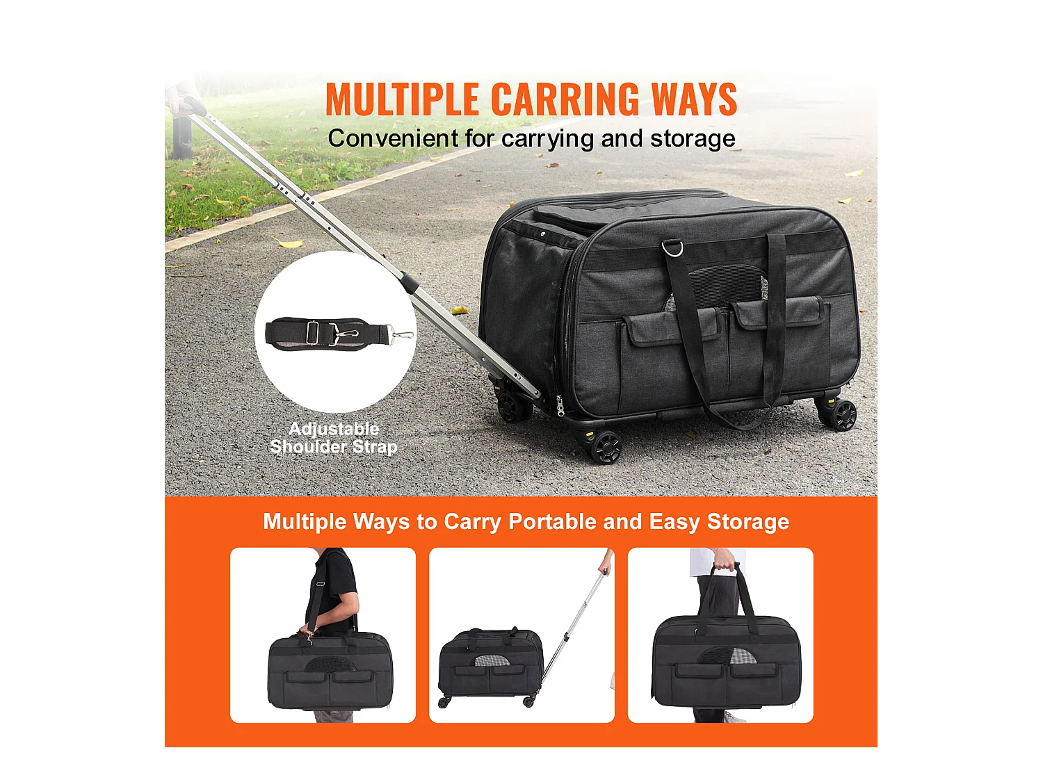 Sac de Transport pour Chat à Roulettes SucceBuy avec Poignée, Capacité de 15.87 kg, Noir